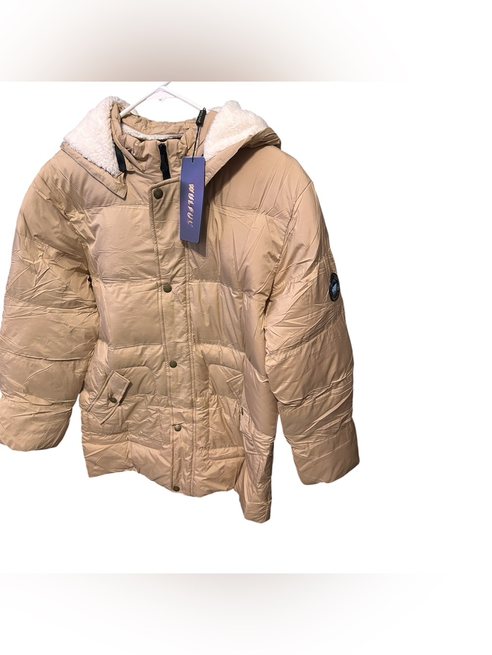 Kids Neutral Tan Puffer Jacket with Sherpa Hood -